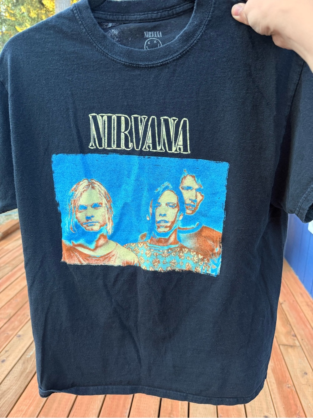 NIRVANA Black Tee with Blue and Orange Band Photo